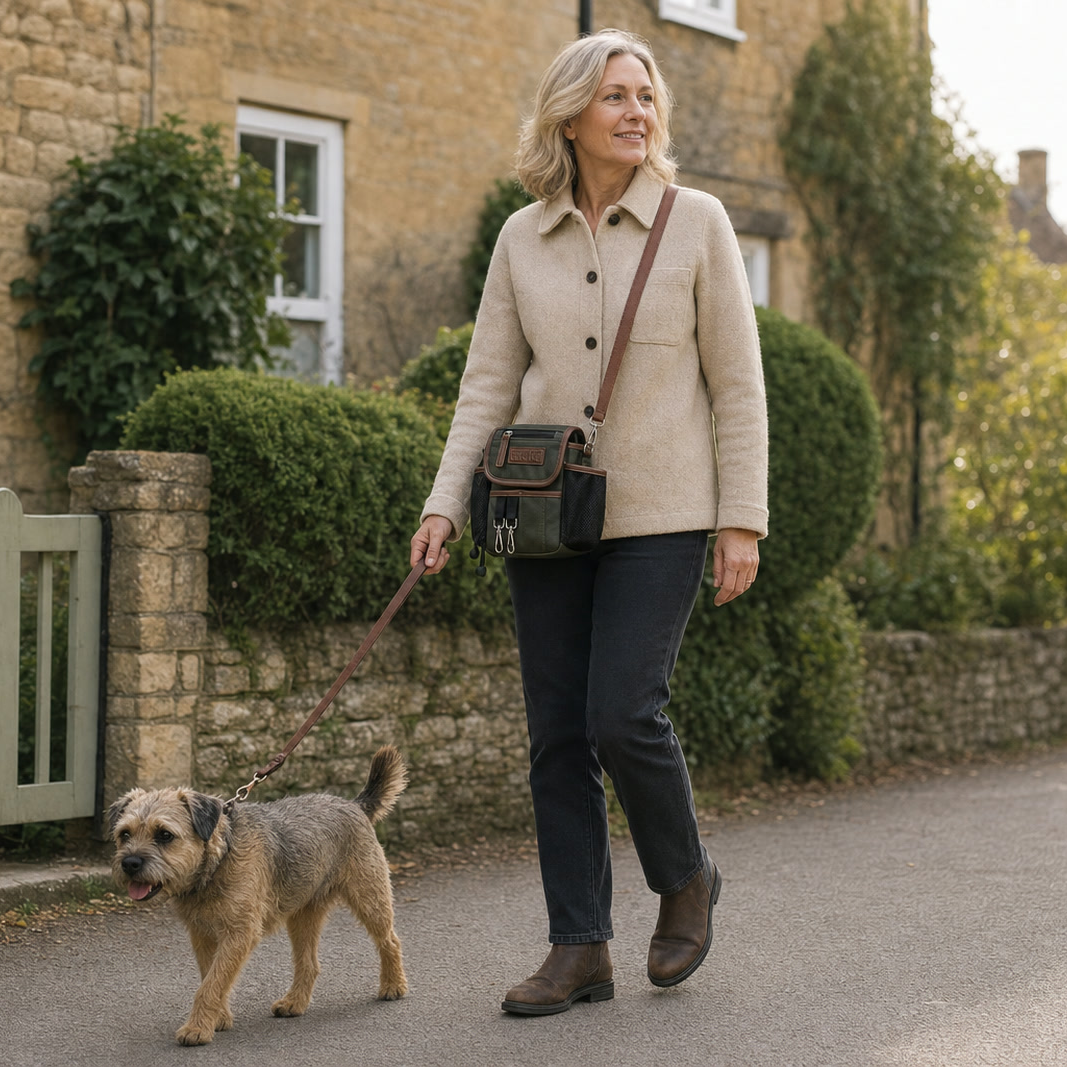 Moss Green Original Bag worn on a countryside dog walk