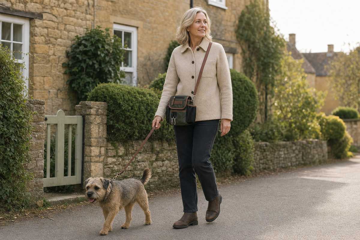Moss Green Original Bag worn on a countryside dog walk