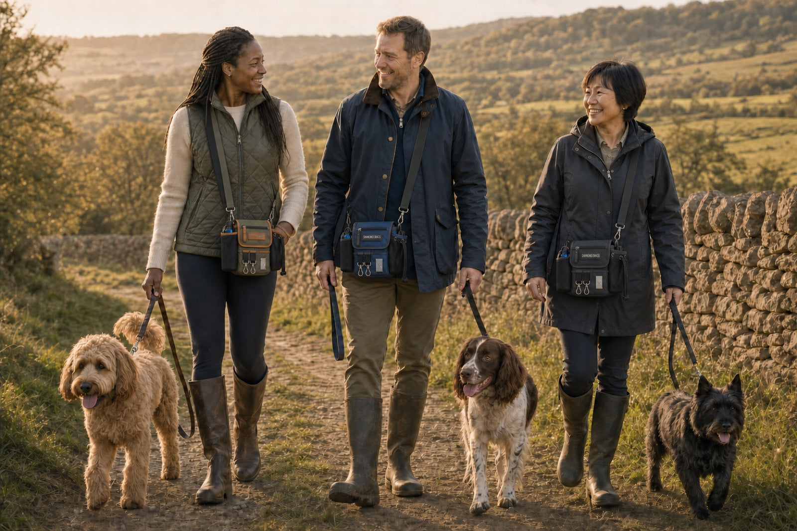 Three dog walkers wearing the Original Bag in Khaki, Midnight Blue and Black